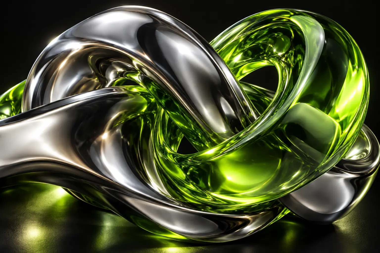 Flüssiges Chrom und elektrisches Limettengrün in einer abstrakten digitalen Skulptur